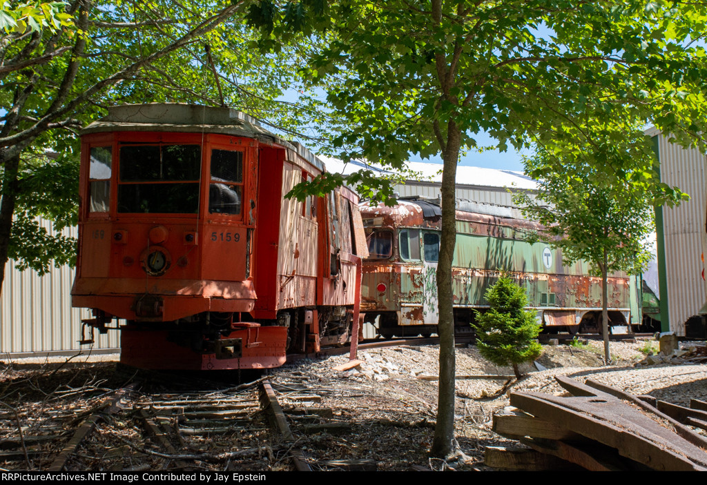 MBTA 5159 and 3332 enjoy retirement at the the Seashore Trolley Museum